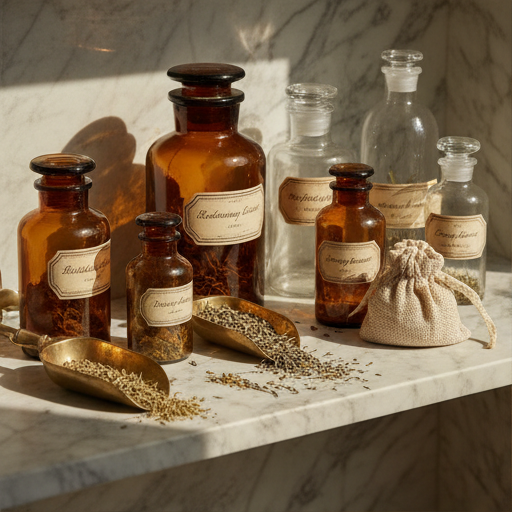 Vintage apothecary jars on a studio dispensary shelf.