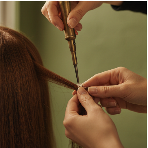 A close-up of a stylist's hands at placement.